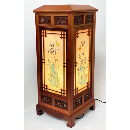 88 - CHINESE LANTERN, mid 20th century Chinese teak with pierced fretwork frame, verre eglomise panels an... 