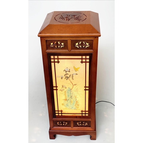 88 - CHINESE LANTERN, mid 20th century Chinese teak with pierced fretwork frame, verre eglomise panels an... 