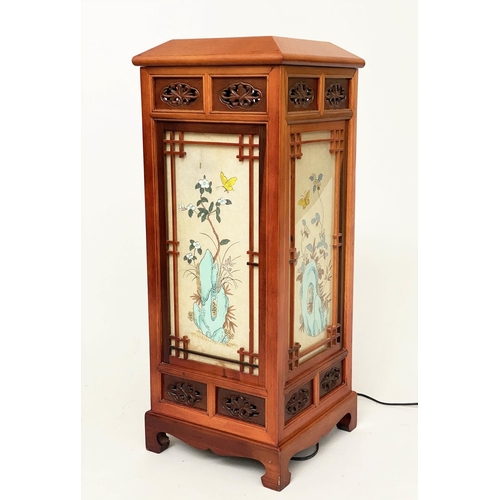 88 - CHINESE LANTERN, mid 20th century Chinese teak with pierced fretwork frame, verre eglomise panels an... 