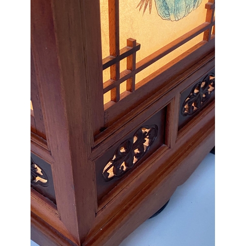 88 - CHINESE LANTERN, mid 20th century Chinese teak with pierced fretwork frame, verre eglomise panels an... 