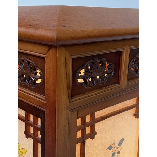 88 - CHINESE LANTERN, mid 20th century Chinese teak with pierced fretwork frame, verre eglomise panels an... 