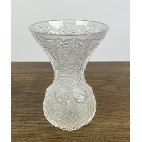 9 - LALIQUE ARABESQUE VASE, a Bucolique perfume bottle with stopper, a heart paperweight, a Gao ashtray,... 