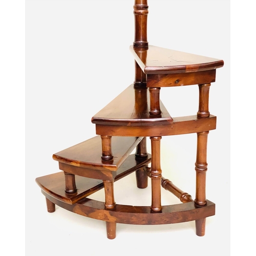 91 - LIBRARY STEPS, a set Georgian style solid yewwood with four spiral steps and brass capped pole, 114c... 
