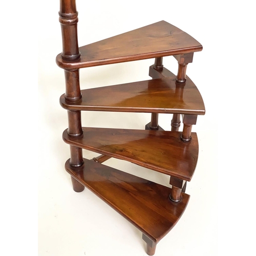 91 - LIBRARY STEPS, a set Georgian style solid yewwood with four spiral steps and brass capped pole, 114c... 