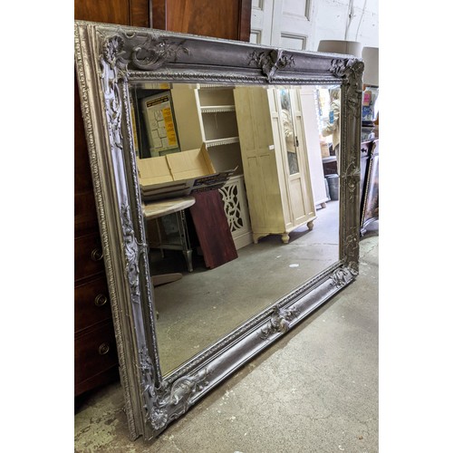 123 - LARGE WALL MIRROR, 203cm W x 160cm H, 19th century and later silver painted with bevelled plate.