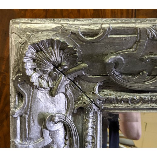 123 - LARGE WALL MIRROR, 203cm W x 160cm H, 19th century and later silver painted with bevelled plate.