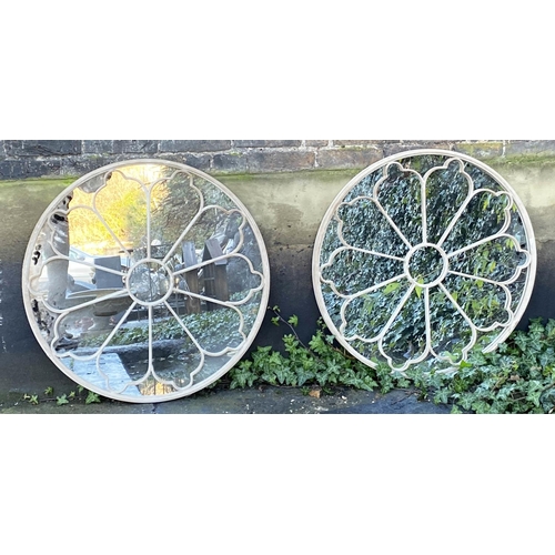 246 - ARCHITECTURAL CIRCULAR GARDEN WALL MIRRORS, a pair, regency style, painted metal frames, 80cm x 80cm... 