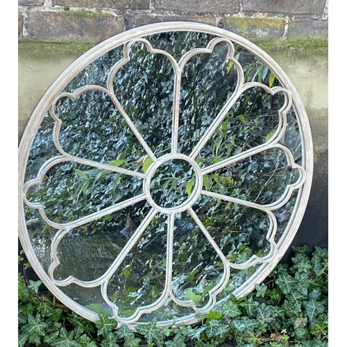 246 - ARCHITECTURAL CIRCULAR GARDEN WALL MIRRORS, a pair, regency style, painted metal frames, 80cm x 80cm... 