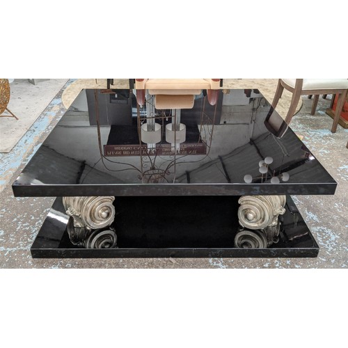 320 - COFFEE TABLE, 140cm sq. x 55cm, black high gloss finish, with silver gilt decorative supports.