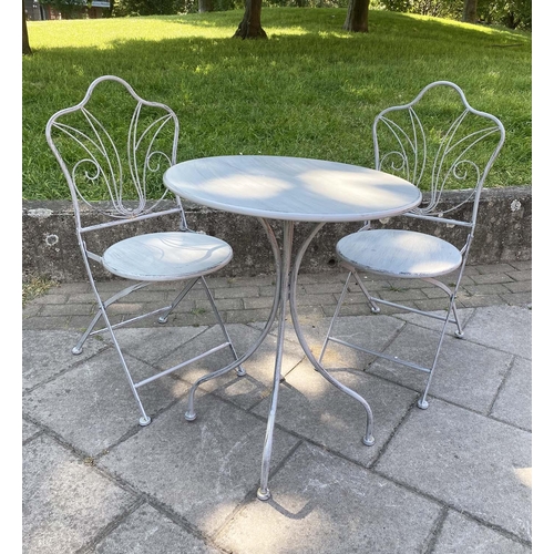 315 - TERRACE SET, French style, grey painted metal with two folding chairs and a circular table, table 60... 