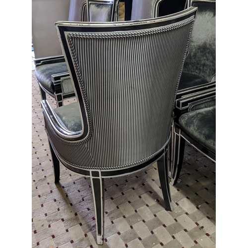 329 - DINING CHAIRS, a set of ten, each 57cm W x  99cm H, with black and silver frames and black velvet up... 