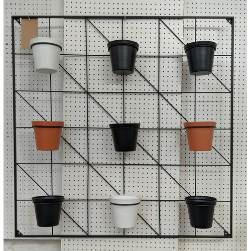 279 - WALL MOUNTING PLANT DISPLAY RACKS, a pair, each with nine pots, 90cm x 90cm. (2)