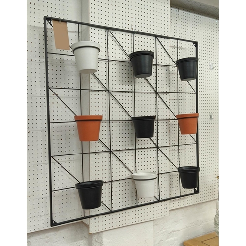 279 - WALL MOUNTING PLANT DISPLAY RACKS, a pair, each with nine pots, 90cm x 90cm. (2)