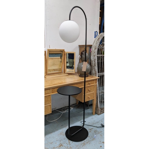 281 - READING FLOOR LAMP, French Art Deco style, black painted metal, glass shade, 176cm H, with table bui... 