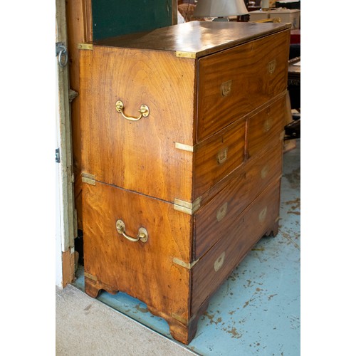 171 - CAMPAIGN SECRETAIRE CHEST, 104cm H x 94cm W x 47cm D, 19th century camphorwood and brass bound with ... 