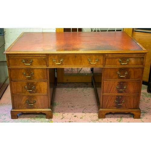 172 - PEDESTAL DESK, 75cm H x 138cm W x 92cm D, 20th century mahogany with red leather top above two slide... 