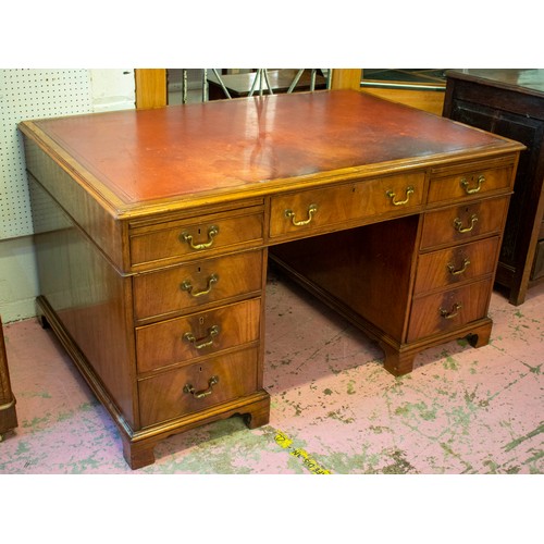 172 - PEDESTAL DESK, 75cm H x 138cm W x 92cm D, 20th century mahogany with red leather top above two slide... 