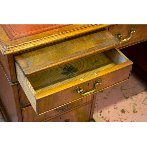 172 - PEDESTAL DESK, 75cm H x 138cm W x 92cm D, 20th century mahogany with red leather top above two slide... 