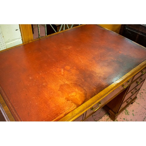 172 - PEDESTAL DESK, 75cm H x 138cm W x 92cm D, 20th century mahogany with red leather top above two slide... 