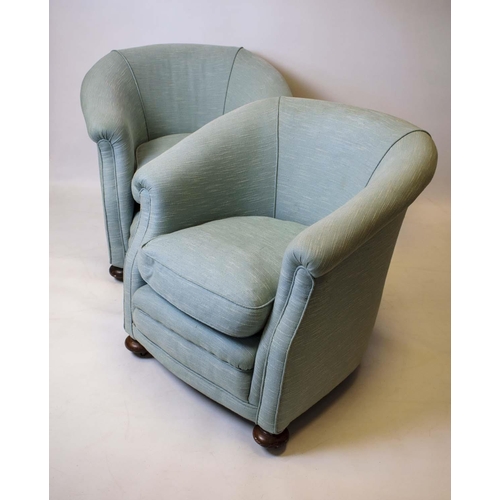 222 - TUB CHAIRS, a pair, 73cm H x 81cm, early 20th century in duck egg blue fabric on miscellaneous casto... 