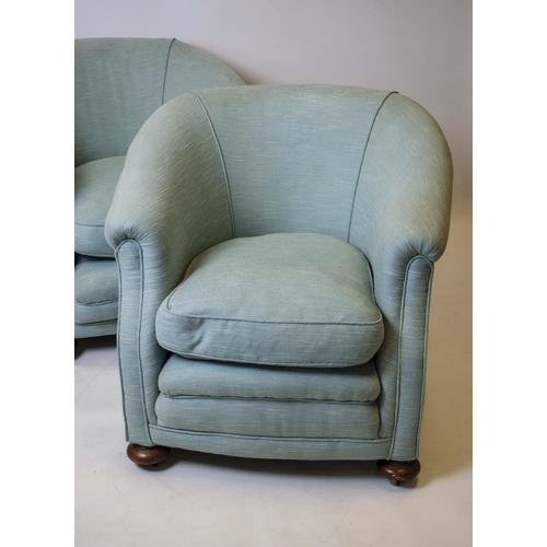 222 - TUB CHAIRS, a pair, 73cm H x 81cm, early 20th century in duck egg blue fabric on miscellaneous casto... 