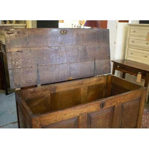 69 - MULE CHEST, 85cm H x 115cm W x 51cm D, Georgian oak with hinged top above two drawers.