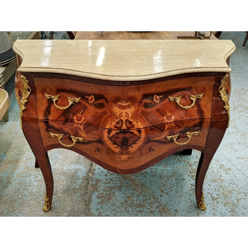 216 - LOUIS XV STYLE COMMODE, of bombe form, marble topped, marquetry inlaid, fitted with two drawers, git... 