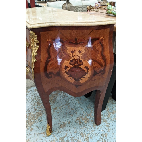 216 - LOUIS XV STYLE COMMODE, of bombe form, marble topped, marquetry inlaid, fitted with two drawers, git... 