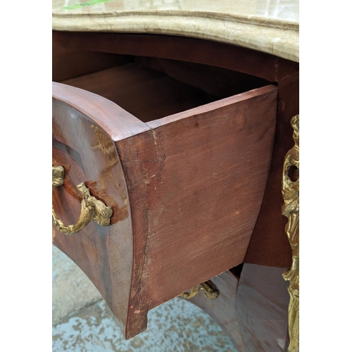 216 - LOUIS XV STYLE COMMODE, of bombe form, marble topped, marquetry inlaid, fitted with two drawers, git... 