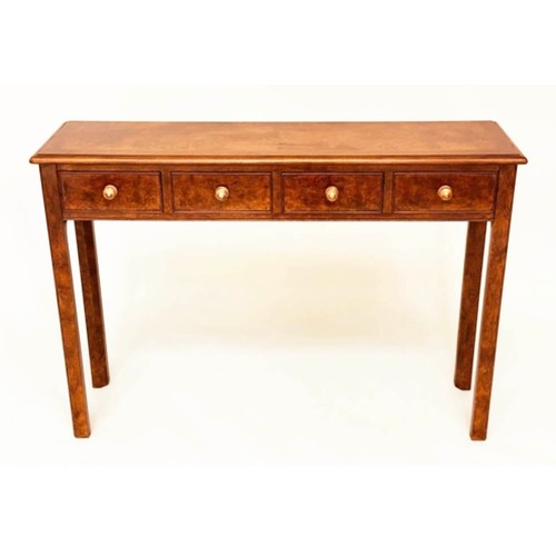 581 - HALL TABLE, George III design burr walnut and crossbanded with four short frieze drawers, 126cm x 77... 