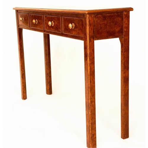 581 - HALL TABLE, George III design burr walnut and crossbanded with four short frieze drawers, 126cm x 77... 