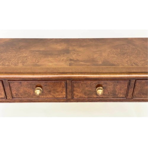 581 - HALL TABLE, George III design burr walnut and crossbanded with four short frieze drawers, 126cm x 77... 