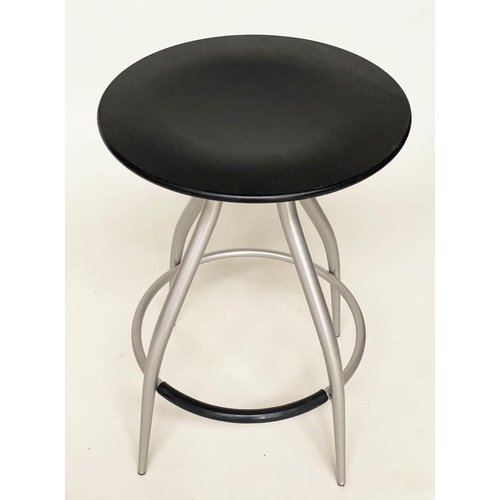 562 - CALLIGARIS STOOLS, a set of four, circular plywood revolving tops, with foot rests and metal frames,... 