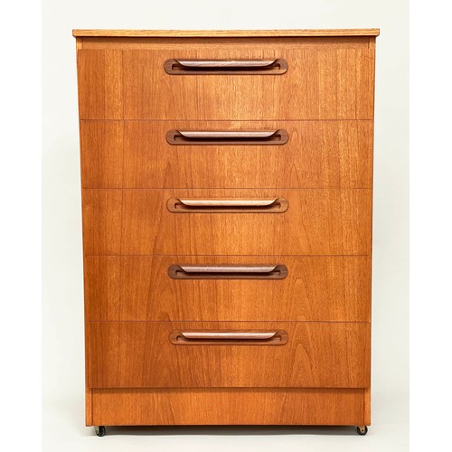 566 - CHEST, 102cm high, 74cm wide, 40cm deep, 1970s Danish teak with five drawers and plinth.