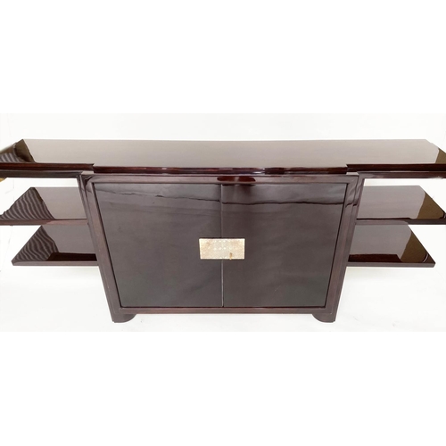 555 - SIDEBOARD, Contemporary lacquered hardwood with two doors and open protruding shelves, 200cm W x 32x... 