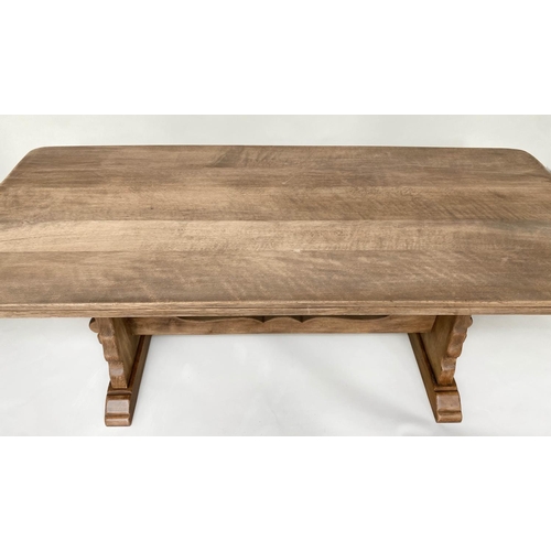 457 - REFECTORY TABLE, rectangular solid planked oak on pierced trestle ends united by a shaped stretcher,... 