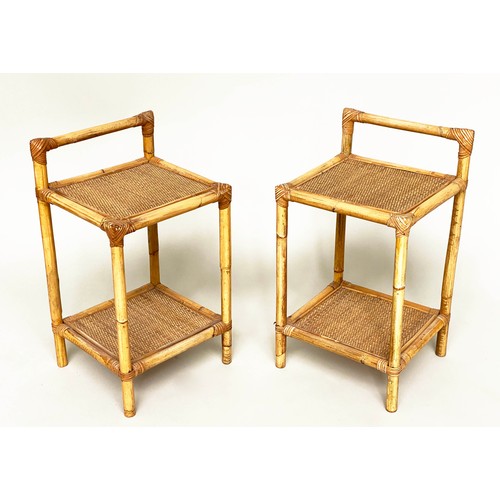 58 - BAMBOO LAMP TABLES, a pair, bamboo framed each with two wicker panelled shelves, 64cm H x 36cm W x 3... 