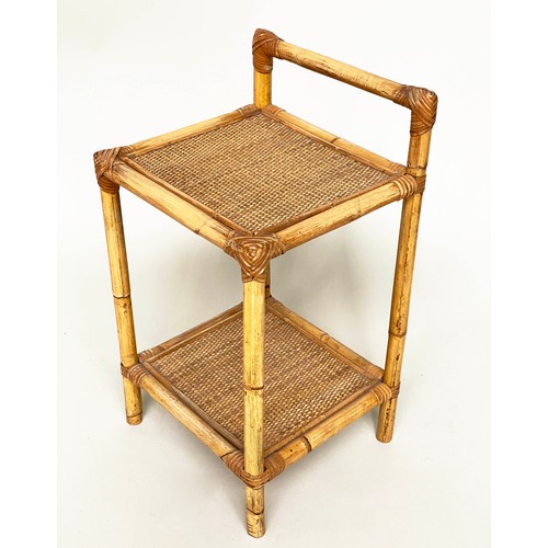 58 - BAMBOO LAMP TABLES, a pair, bamboo framed each with two wicker panelled shelves, 64cm H x 36cm W x 3... 
