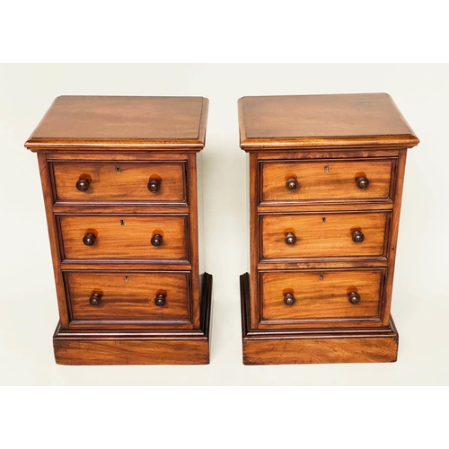 91 - BEDSIDE CHESTS, a pair, Victorian mahogany each adapted with three drawers and plinth base, 43cm W x... 
