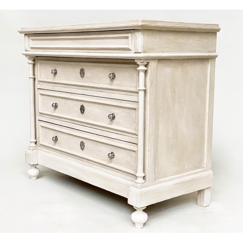 93 - COMMODE, 19th century French Napoleon III traditionally grey painted, with four long drawers and col... 