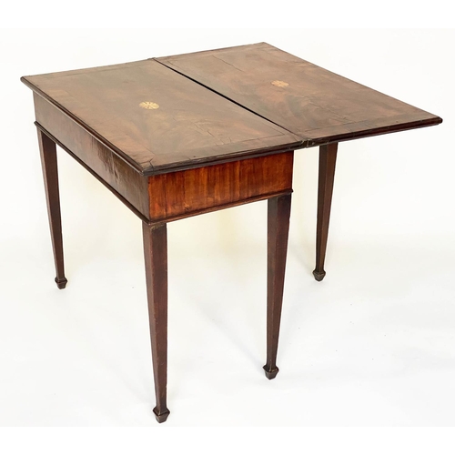 95 - TEA TABLE, George III mahogany rectangular foldover and crossbanded with satinwood paterae inlay thr... 