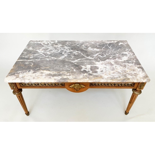 96 - LOW TABLE, 1960s French rectangular variegated grey marble top and gilt metal mounted on pierced sup... 