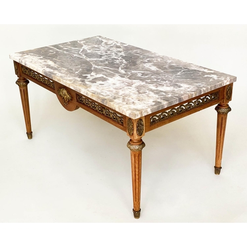 96 - LOW TABLE, 1960s French rectangular variegated grey marble top and gilt metal mounted on pierced sup... 