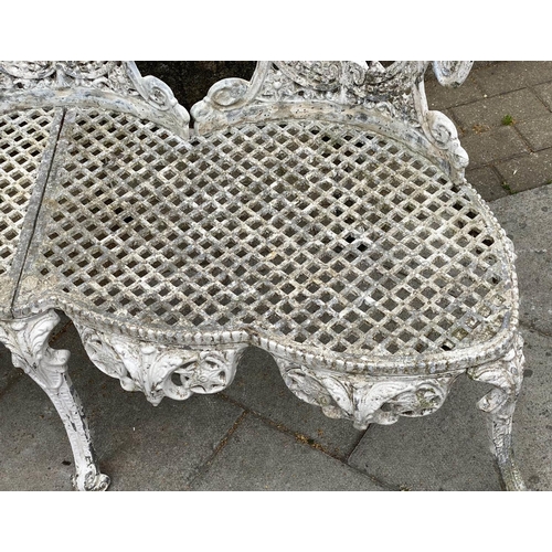 110 - GARDEN BENCH, well weathered cast aluminium white painted and pierced, 135cm W.