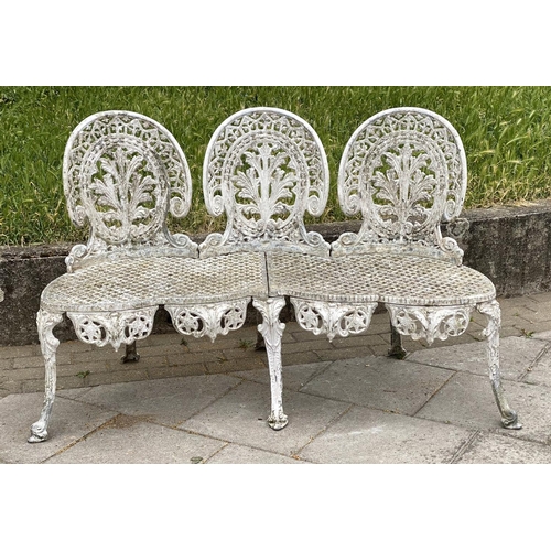 110 - GARDEN BENCH, well weathered cast aluminium white painted and pierced, 135cm W.