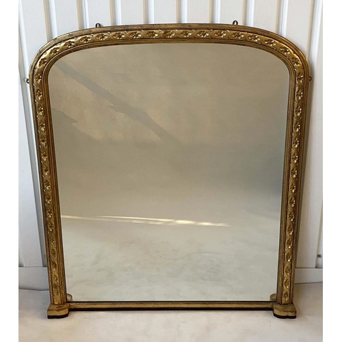 111 - OVERMANTEL MIRROR, late 19th century English carved giltwood with arched moulded frame and recessed ... 