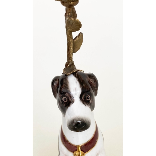 194 - 'DOG' CANDLESTICKS, a pair, Continental style painted porcelain and gilt metal mounted, 35cm H. (2)