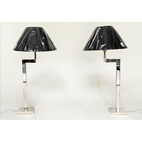 432 - PORTA ROMANA DESK LAMPS, a pair, nickel plated with double hinged swing action and circular base, 69... 