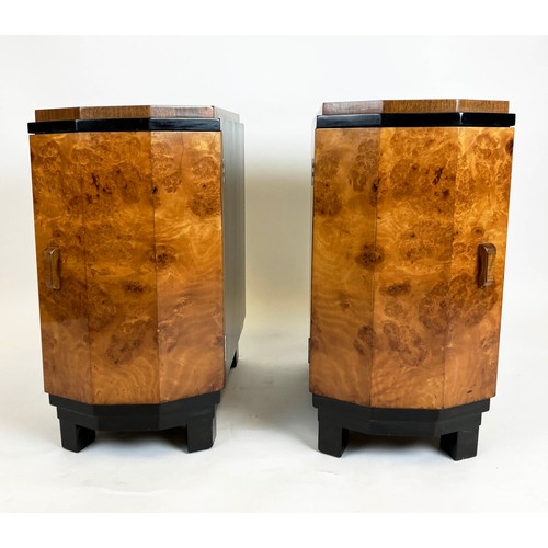 586 - BEDSIDE CABINETS, a pair, Art Deco walnut and ebonised, each with door enclosing drawers, 34.5cm W x... 