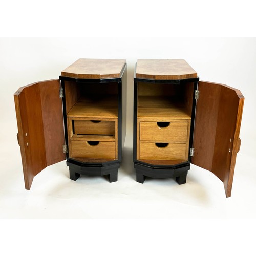 586 - BEDSIDE CABINETS, a pair, Art Deco walnut and ebonised, each with door enclosing drawers, 34.5cm W x... 